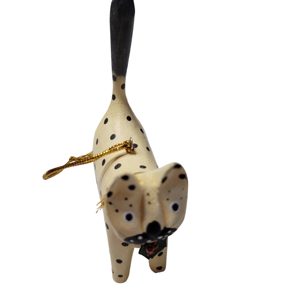 Vintage Hand Painted Wooden Cat Ornament Polka Dot Folk Art Christmas Holiday